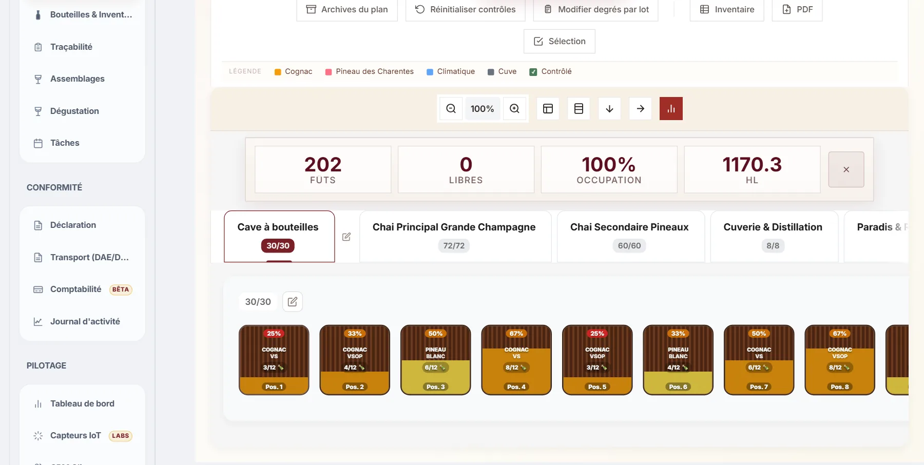 Cave à bouteilles : casiers d’une rangée de produits finis, avec type de produit, position et taux de remplissage.
