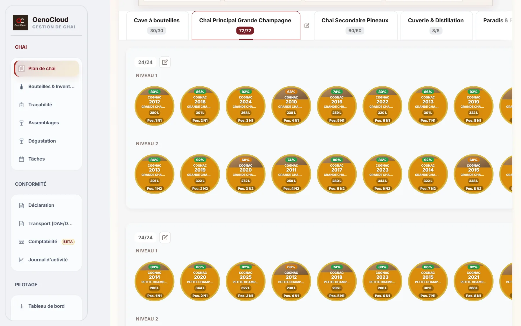 Plan de chai OenoCloud : deux niveaux de fûts alignés par position, chacun portant son millésime, son appellation, son volume en litres et son taux de remplissage.